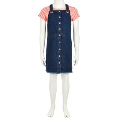 Girls stripe top and denim pinafore outfit